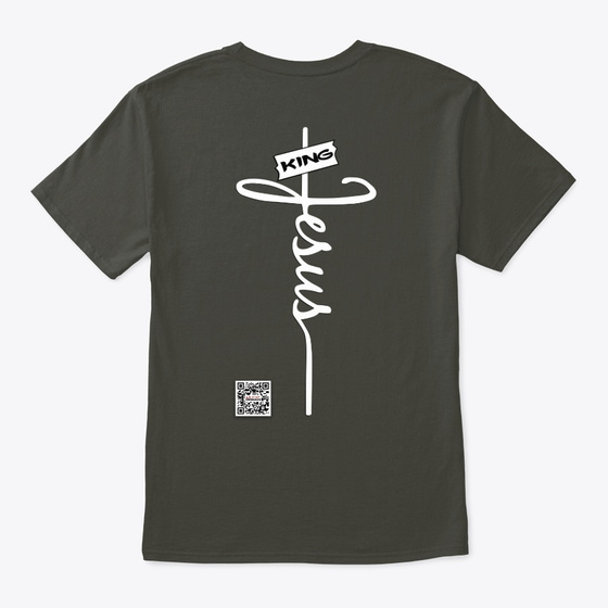 Dark gray Classic Tee, back view, with a “King Jesus” cross design